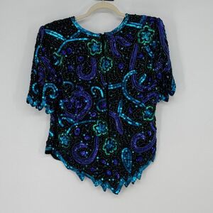Lawrence Kazar New York Black Beaded Sequin Blouse Top Women L Silk 90s Cocktail